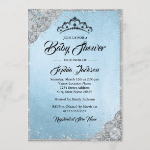 Invitation Dentelle de diamant scintillant bleu argent Baby S
