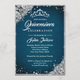 Invitation Dentelle de diamant scintillant bleu argenté Quinc