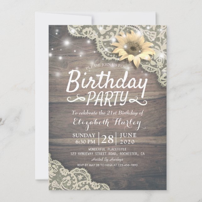 Invitation Dentelle de fête d'anniversaire Tournesol Bois et  (Devant)