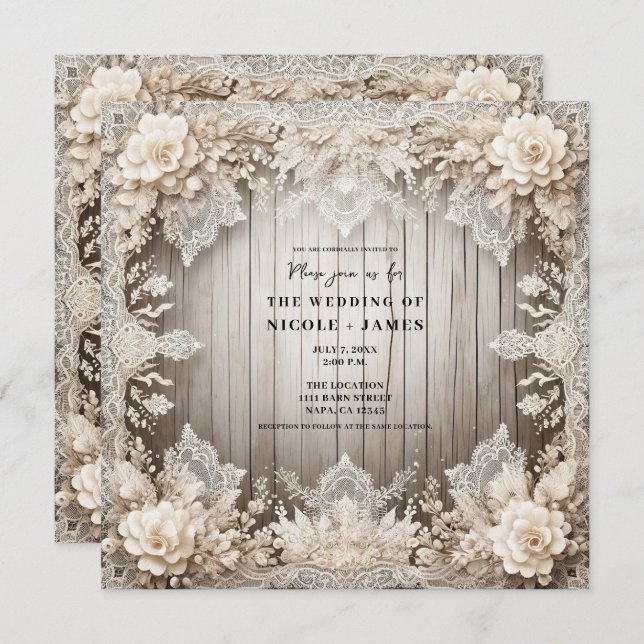 Invitation Dentelle de fleurs romantiques + Mariage rustique  (Devant / Derrière)