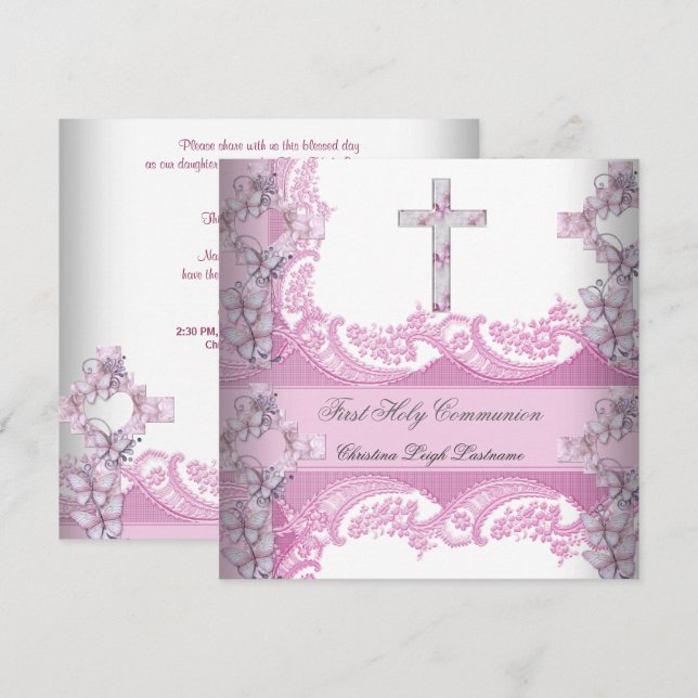 Invitation Dentelle de la première sainte communion rose (Devant / Derrière)