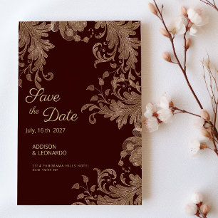 Invitation Dentelle de luxe fleurie or Bourgogne Enregistrer 