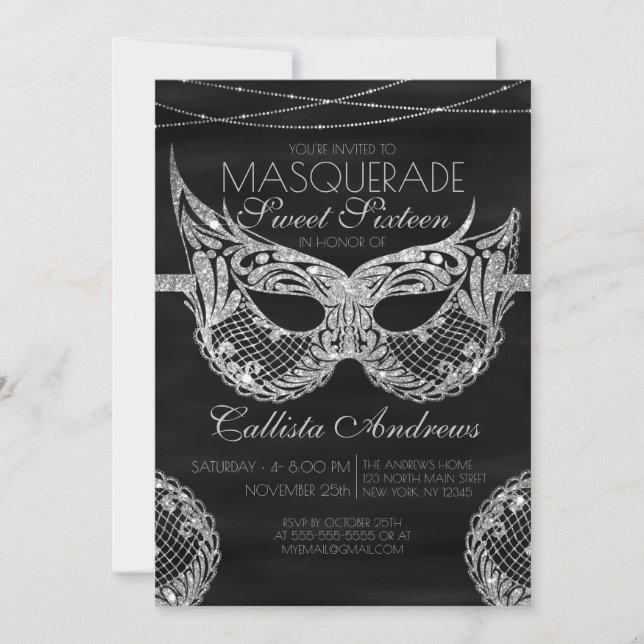 Invitation Dentelle de Parties scintillant d'argent noir Masq (Devant)