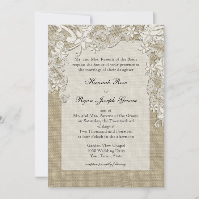 Invitation Dentelle de pays vintage conception et Burlap (Devant)
