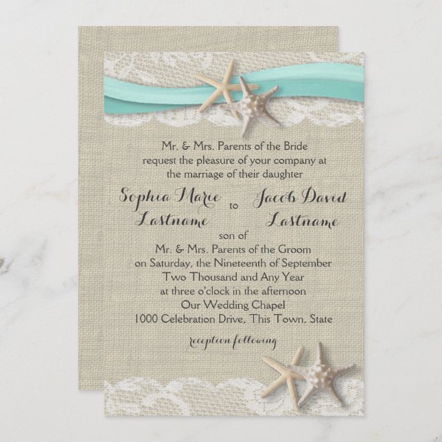 Invitation Dentelle de poisson et ruban (Devant / Derrière)