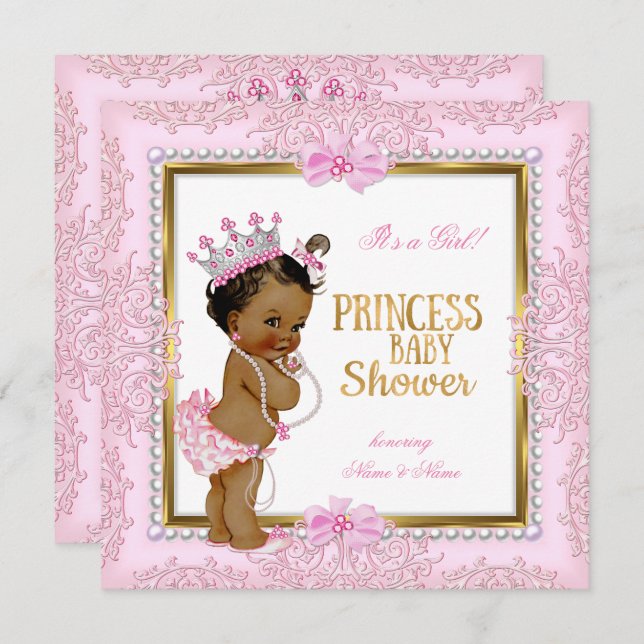 Invitation Dentelle de princesse ethnique Baby shower or rose (Devant / Derrière)