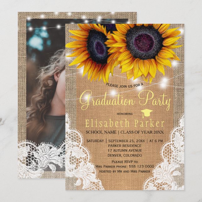 Invitation Dentelle de tournesol doré fête de graduation PHOT (Devant / Derrière)