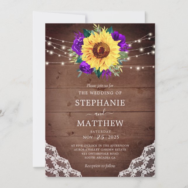 Invitation Dentelle de tournesol rustique Lumières de bois fl (Devant)