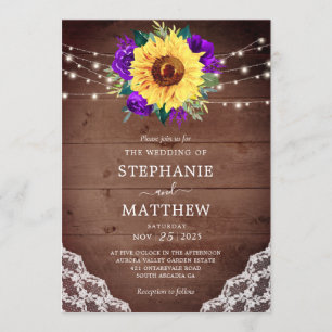 Invitation Dentelle de tournesol rustique Lumières de bois fl