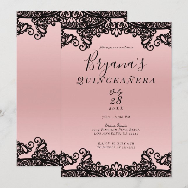 Invitation Dentelle d'encre noire rose Peach 15ème Quinceañer (Devant / Derrière)