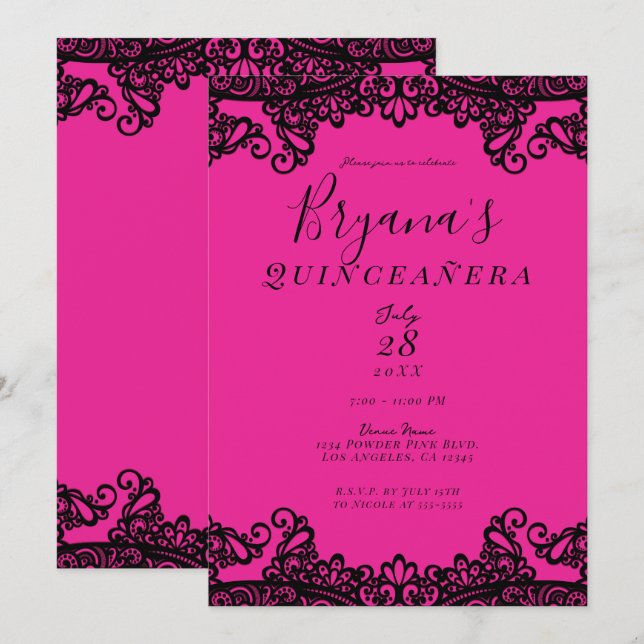 Invitation Dentelle d'encre noire rose vif 15e Quinceañera (Devant / Derrière)