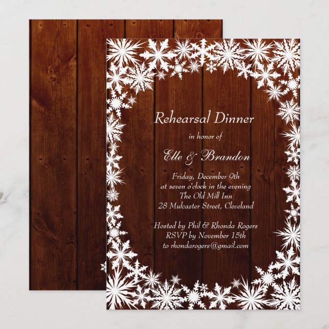 Invitation Dentelle d'hiver sur le bois foncé Dîner de répéti (Devant / Derrière)