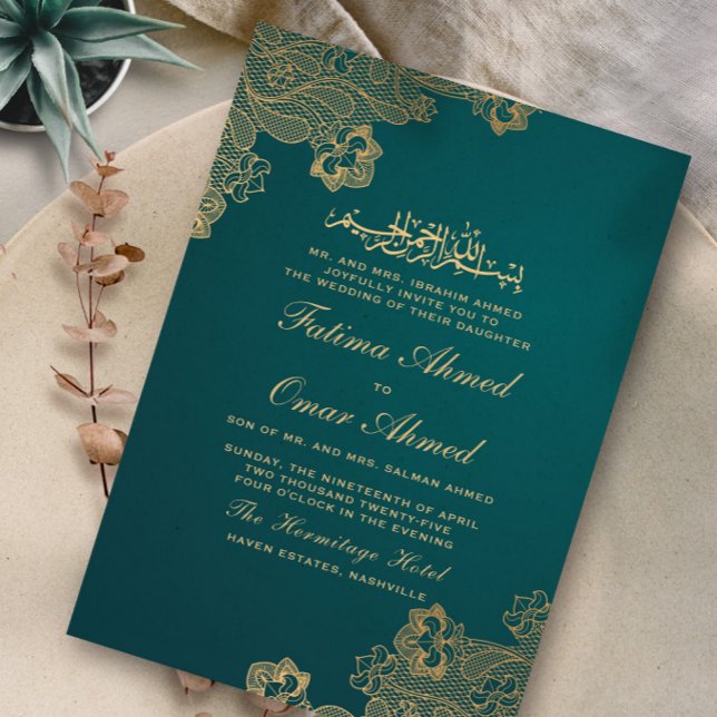 Invitation Dentelle d'huile d'or Ornat Vert islamique musulma (Créateur téléchargé)