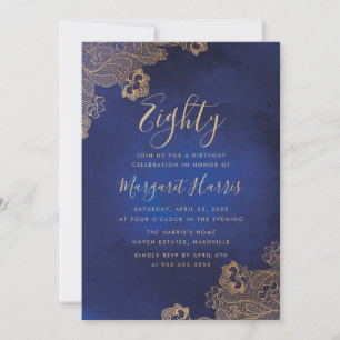 Invitation Dentelle d'huile d'or Ornate Bleu 80e Anniversaire