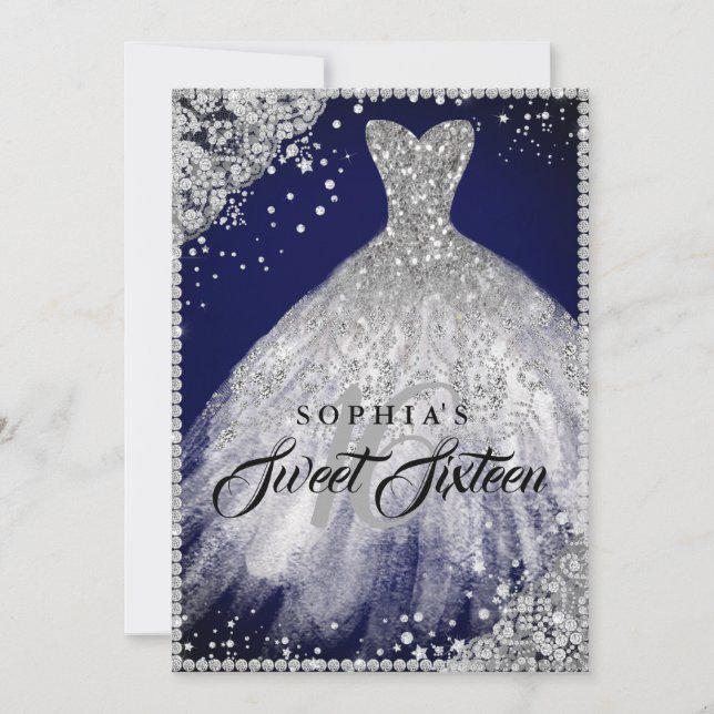 Invitation Dentelle diamant étincelle Gown Marine Silver Swee (Devant)