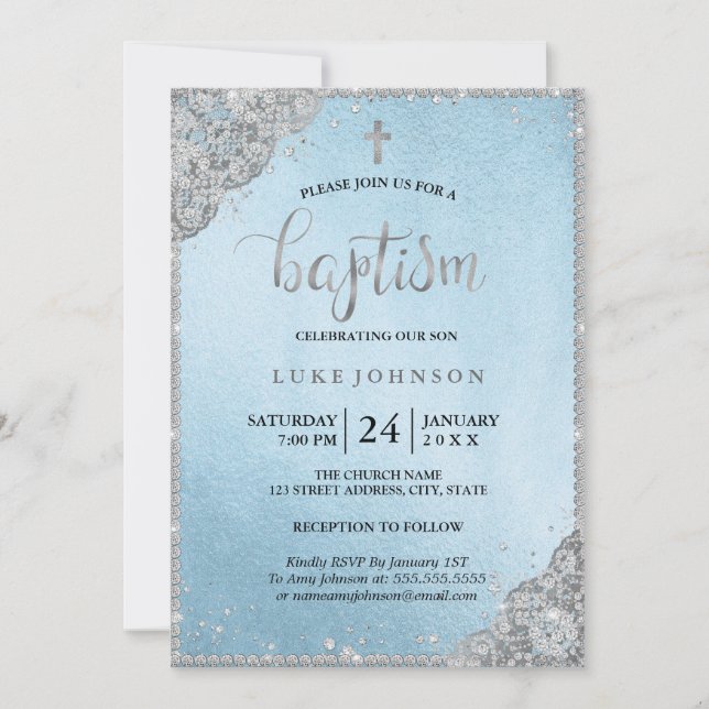 Invitation Dentelle Diamante Bleue Argent Croix Baptême Invit (Devant)