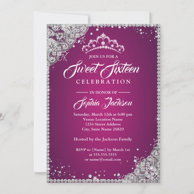 Invitation Dentelle Diamante Étincelle Tiara Rose Silver Swee (Devant)