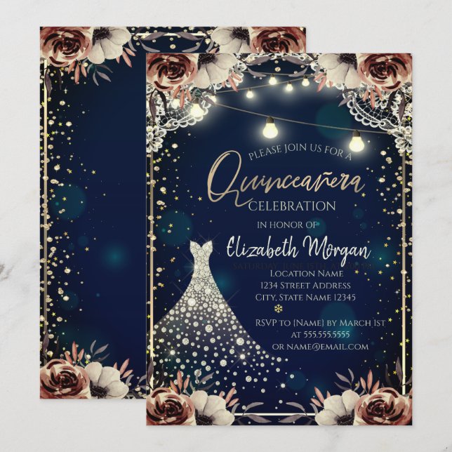 Invitation Dentelle, Diamants Robe Bleu foncé Floral Quinceañ (Devant / Derrière)