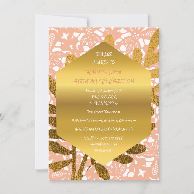 Invitation Dentelle Diamond Anniversaire Peach Pastel Gold Le (Devant)