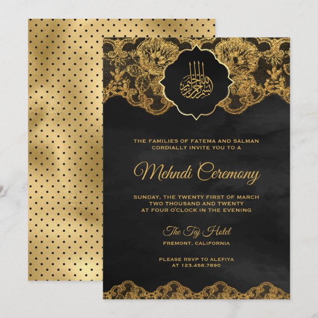Invitation Dentelle d'or gris foncé dentelle islamique Mehndi (Devant / Derrière)