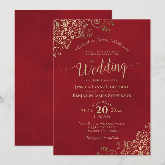 Invitation Dentelle d'or sur Crimson Rouge Élégant Mariage of (Devant / Derrière)