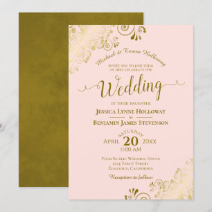 Invitation Dentelle d'or sur le rose pâle Élégant Mariage for