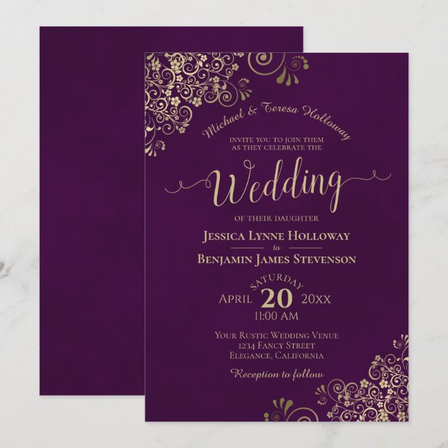 Invitation Dentelle d'or sur Plum Purple Élégant Mariage form (Devant / Derrière)