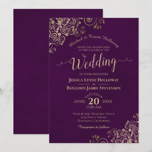 Invitation Dentelle d'or sur Plum Purple Élégant Mariage form