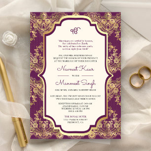Invitation Dentelle d'or violet QR Code Anand Karaj Sikh Mari