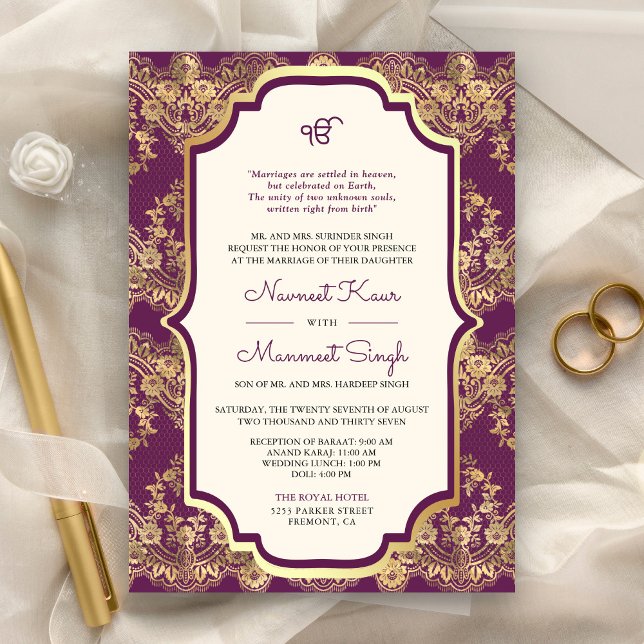 Invitation Dentelle d'or violet QR Code Anand Karaj Sikh Mari (Créateur téléchargé)