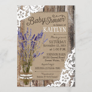 Invitation Dentelle en bois bleu Lavande Baby shower rustique