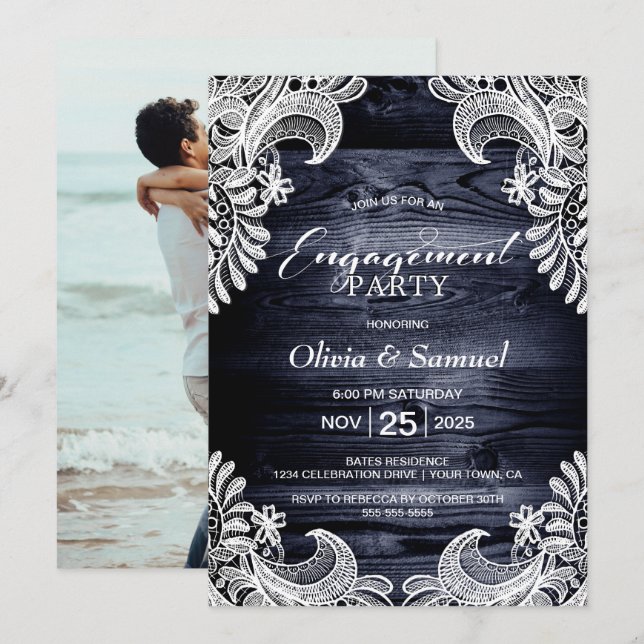 Invitation Dentelle en bois bleu Personnalisé (Devant / Derrière)