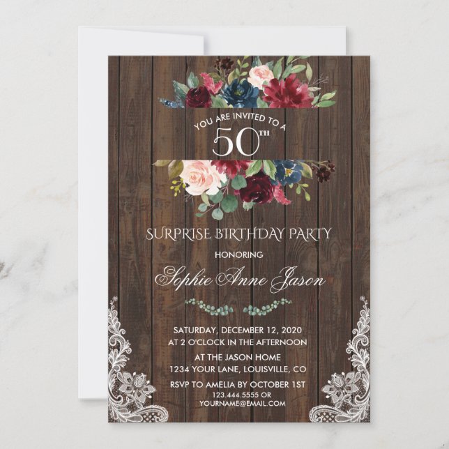 Invitation Dentelle en bois rose de Bourgogne 50e anniversair (Devant)