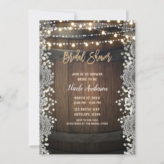 Invitation Dentelle en bois rustique et Fête des mariées de l (Devant)