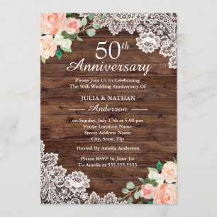 Invitation Dentelle en bois rustique floral 50e anniversaire