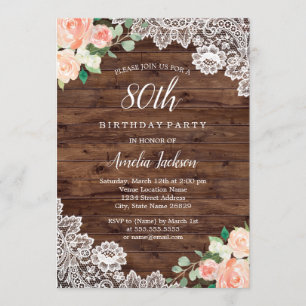 Invitation Dentelle en bois rustique floral 80e anniversaire 