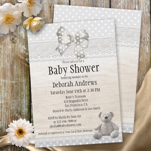 Invitation Dentelle en bois rustique Teddy Baby shower Ours I (Créateur téléchargé)