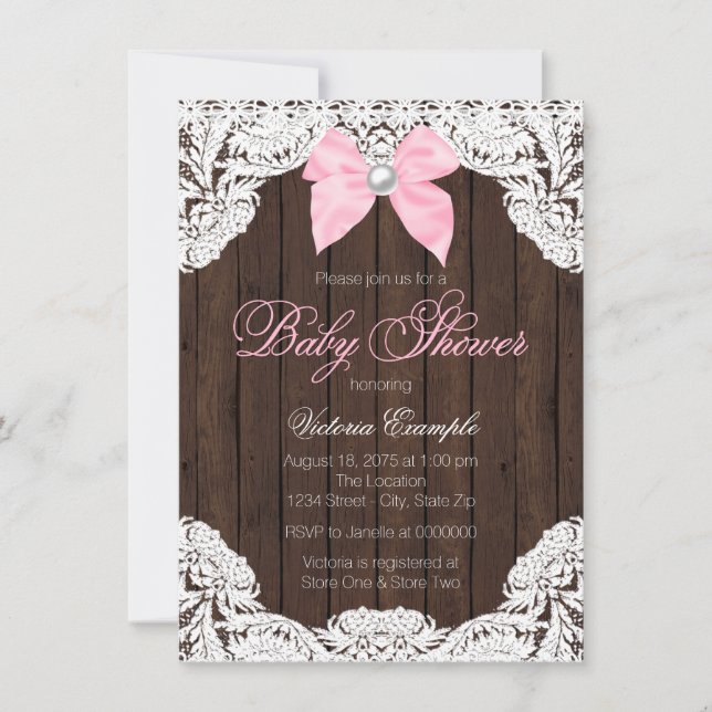 Invitation Dentelle et Baby shower en bois (Devant)