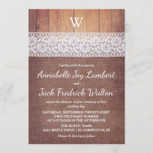 Invitation Dentelle et bois de Burlap  Mariage de monogramme 