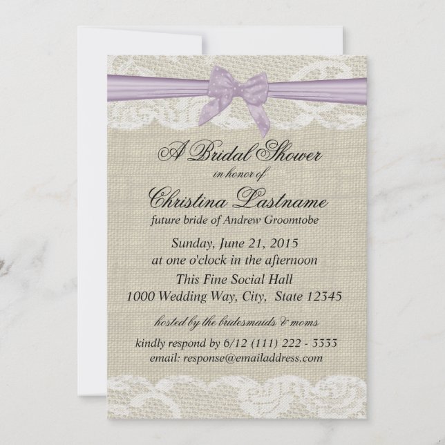 Invitation Dentelle et Burlap avec douche à lavande (Devant)