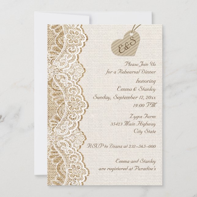 Invitation Dentelle et coeur sur burlap Dîner de répétition m (Devant)