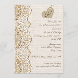 Invitation Dentelle et coeur sur burlap Dîner de répétition m