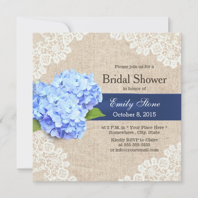 Invitation Dentelle et Fête des mariées Burlap Rustique Blue  (Devant)