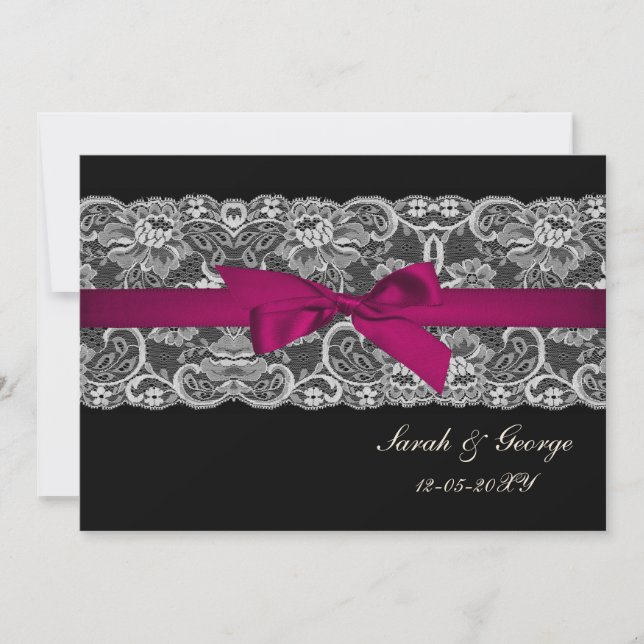 Invitation Dentelle et ruban rose, mariage noir invite (Devant)
