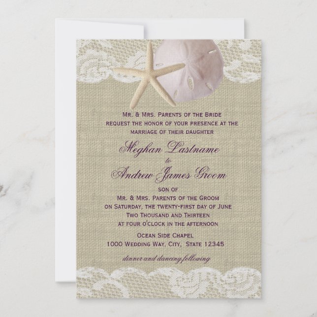 Invitation Dentelle et sable Dollar Beach Mariage (Devant)