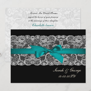 Invitation Dentelle Faux et ruban aqua, mariage noir invite