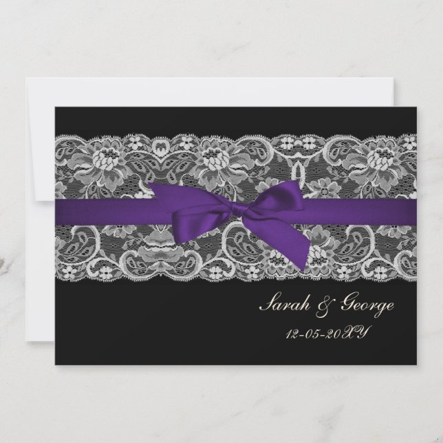 Invitation Dentelle Faux et ruban violet noir mariage invite (Devant)