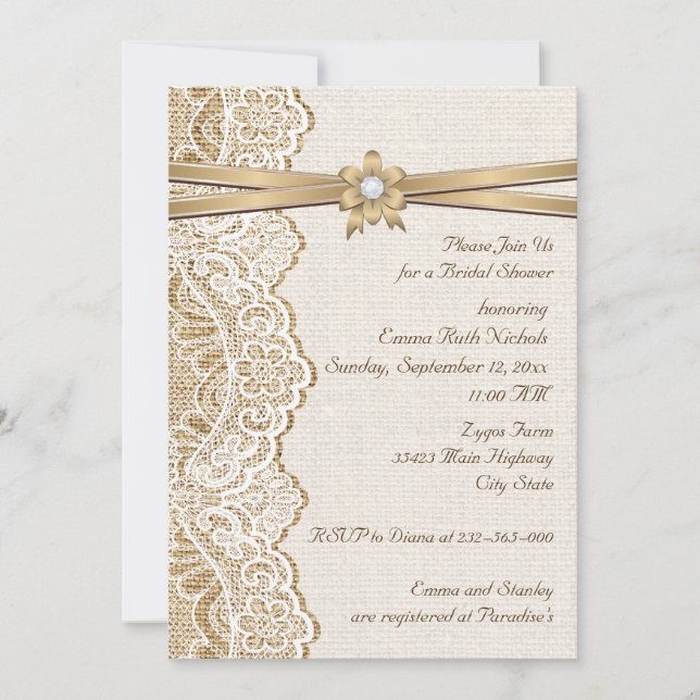Invitation Dentelle, fleur de ruban & burlap mariage douche n (Devant)