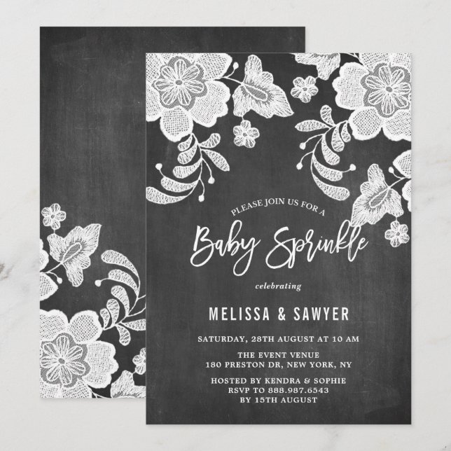 Invitation Dentelle florale blanche Faux Chalkboard Baby Spri (Devant / Derrière)