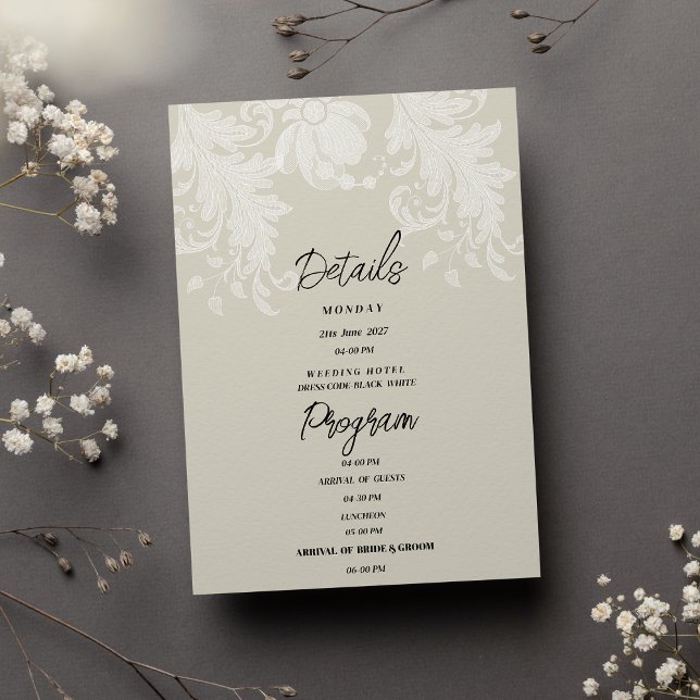 Invitation Dentelle florale blanche neutre rustique Détails P (Rustic neutral white floral lace Details Program)